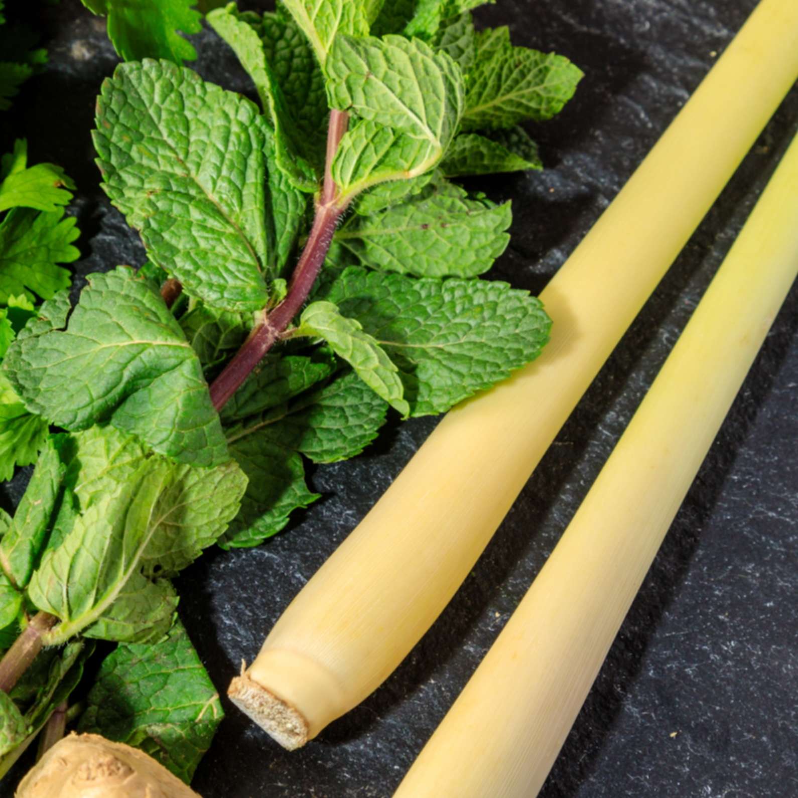 Herbs ready for cooking on a grey slate background. Asian cooking.